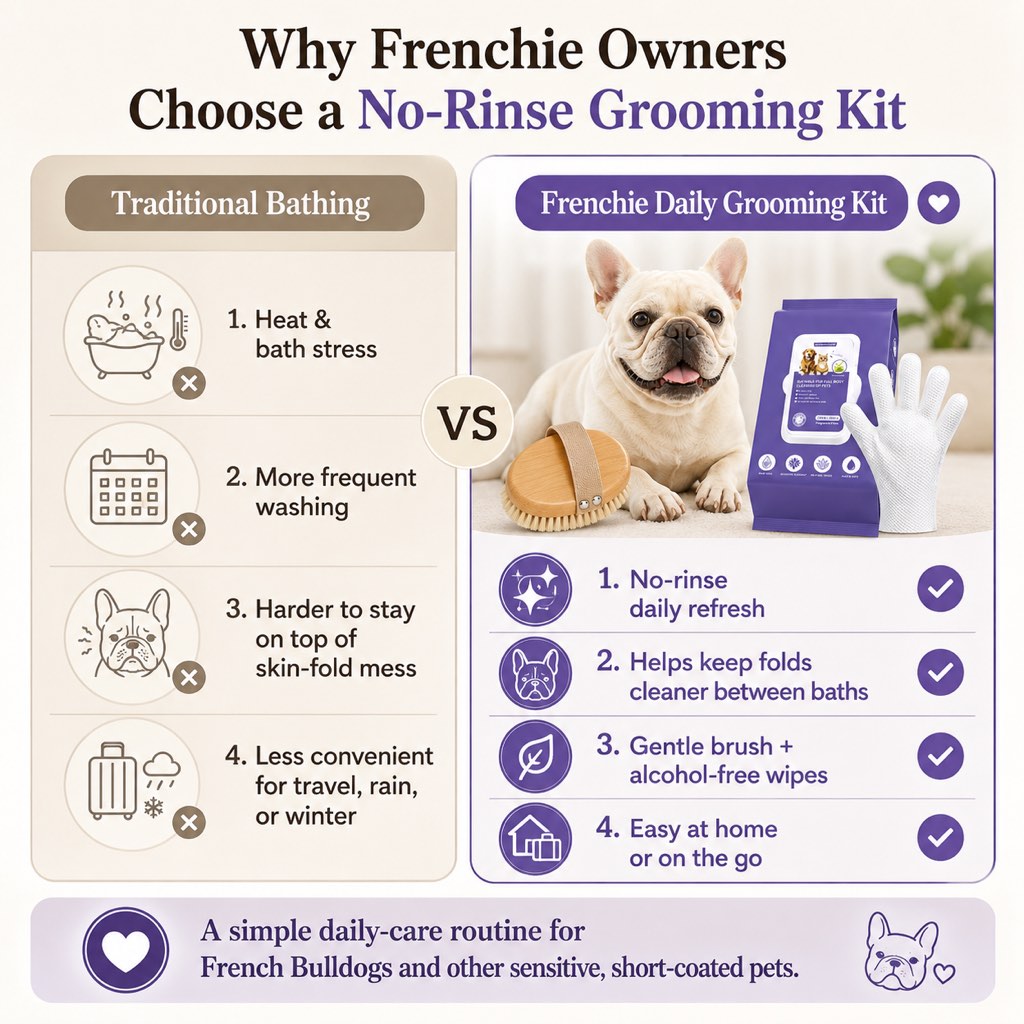 Ortekor Frenchie Daily Grooming Kit for After-Walk & Between-Bath Care - Boar Bristle Brush + Rinse-Free Cleaning Gloves