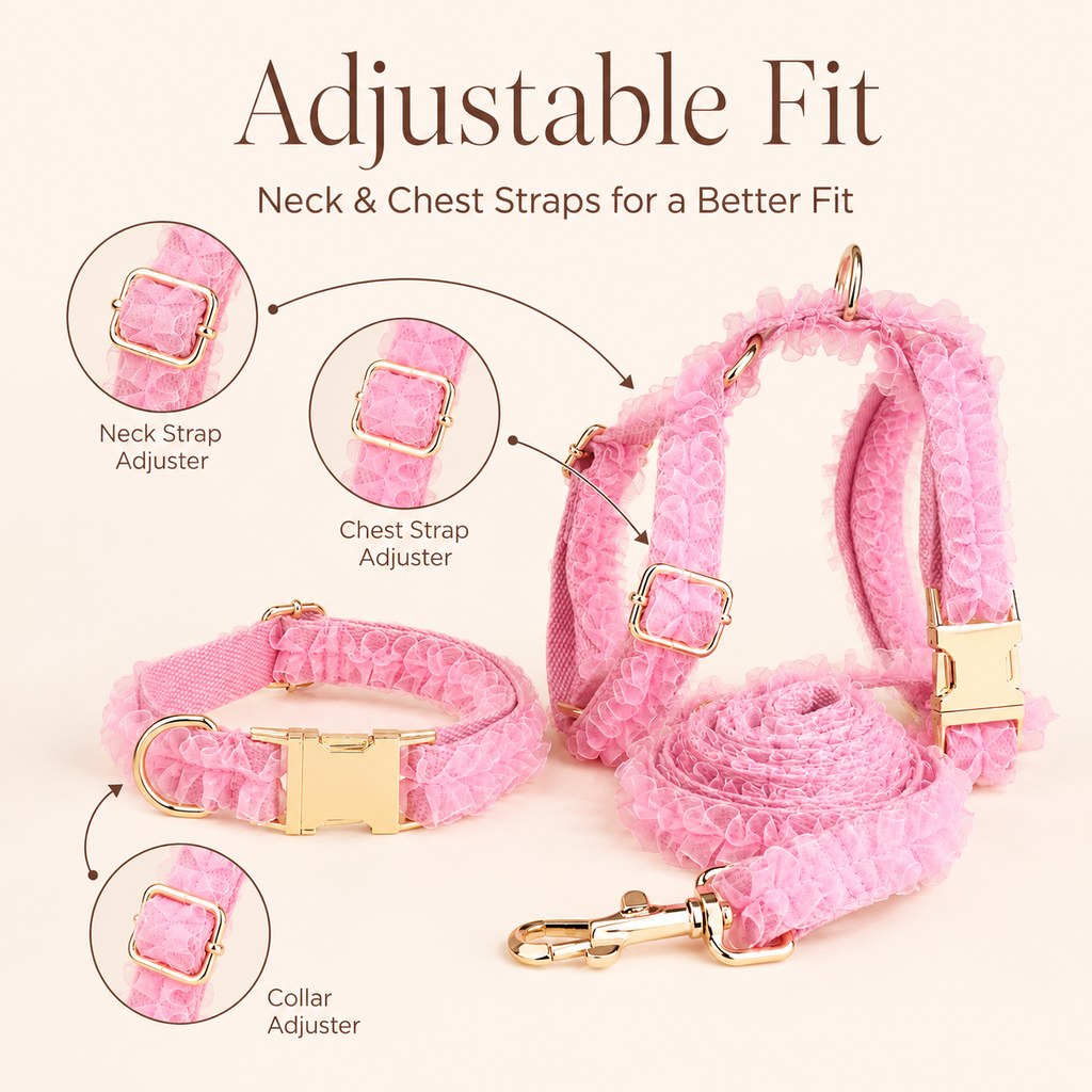 Ortekor Boutique Lace Dog Harness, Collar & Leash Set for Birthday Photos & Daily Walks - 3-Piece Ruffle Walking Set