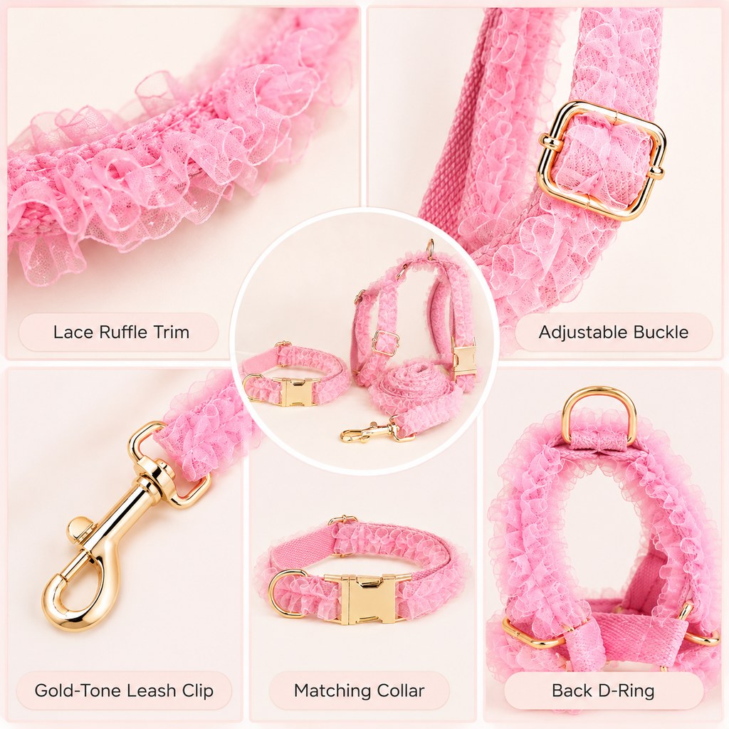 Ortekor Boutique Lace Dog Harness, Collar & Leash Set for Birthday Photos & Daily Walks - 3-Piece Ruffle Walking Set