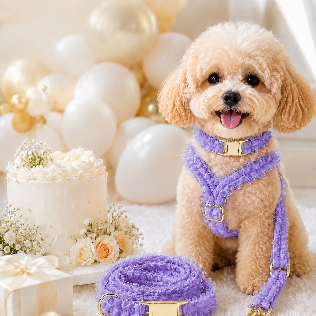 Ortekor Boutique Lace Dog Harness, Collar & Leash Set for Birthday Photos & Daily Walks - 3-Piece Ruffle Walking Set