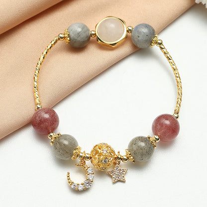 Labradorite & Strawberry Quartz Beaded Bracelet with Moon & Star Charm – Women's Gemstone Jewelry for Meditation & Everyday Wear