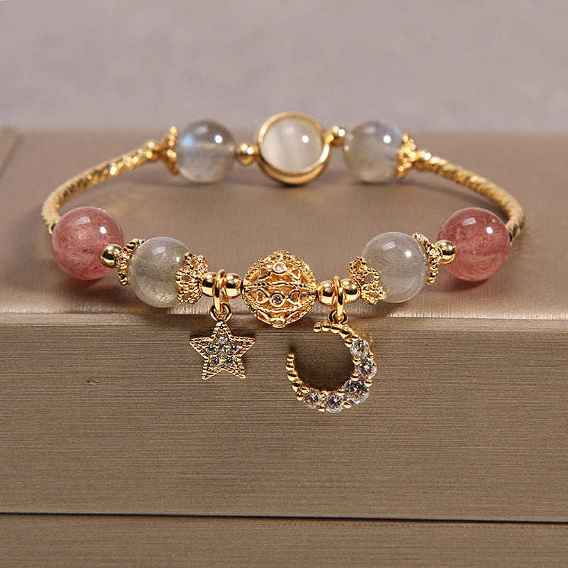 Labradorite & Strawberry Quartz Beaded Bracelet with Moon & Star Charm – Women's Gemstone Jewelry for Meditation & Everyday Wear