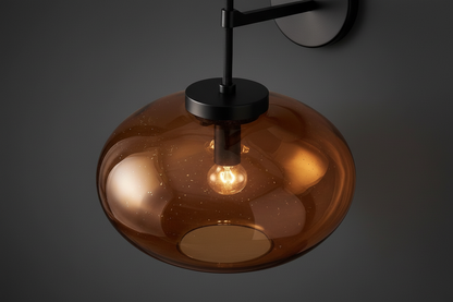 Amber Glass Sconce with Copper Frame 10.6 in Wide Contemporary Wall Light for Living Room Hallway Bedroom Entryway