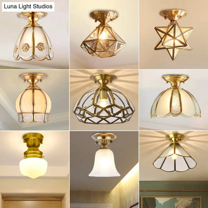 Colonial Scalloped Ceiling Light Brass Finish Semi Flush Mount for Living Room Bedroom Hallway Single Bulb Metal Fixture Traditional