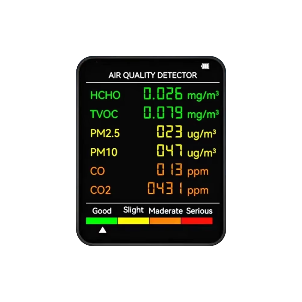 Moniteur de qualité de l'air intérieur 6-en-1 avec suivi en temps réel du CO2, des PM2,5, des COVT, de la température et de l'humidité pour la maison, le bureau et la chambre
