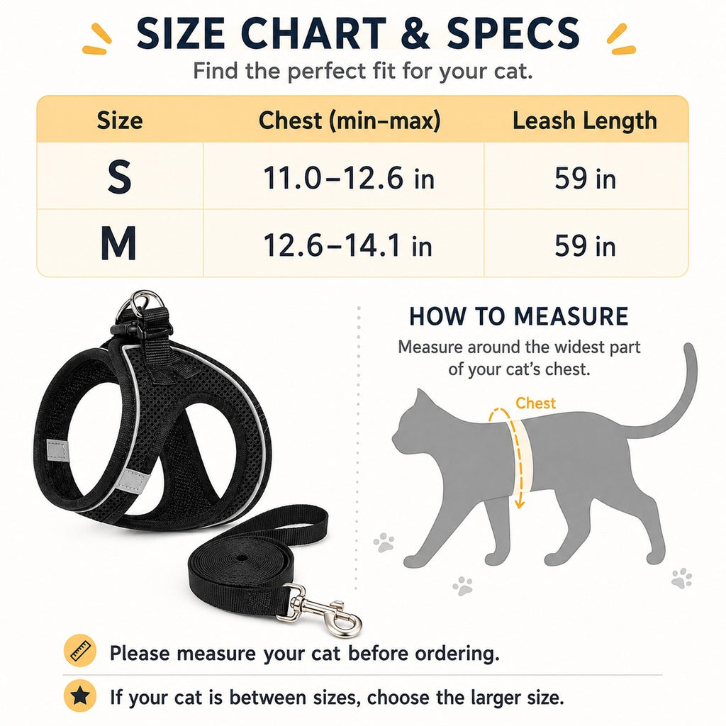 Ortekor Breathable Cat Harness & Leash Set for Outdoor Walks - Adjustable Escape-Resistant Step-In Vest
