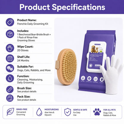Ortekor Frenchie Daily Grooming Kit for After-Walk & Between-Bath Care - Boar Bristle Brush + Rinse-Free Cleaning Gloves