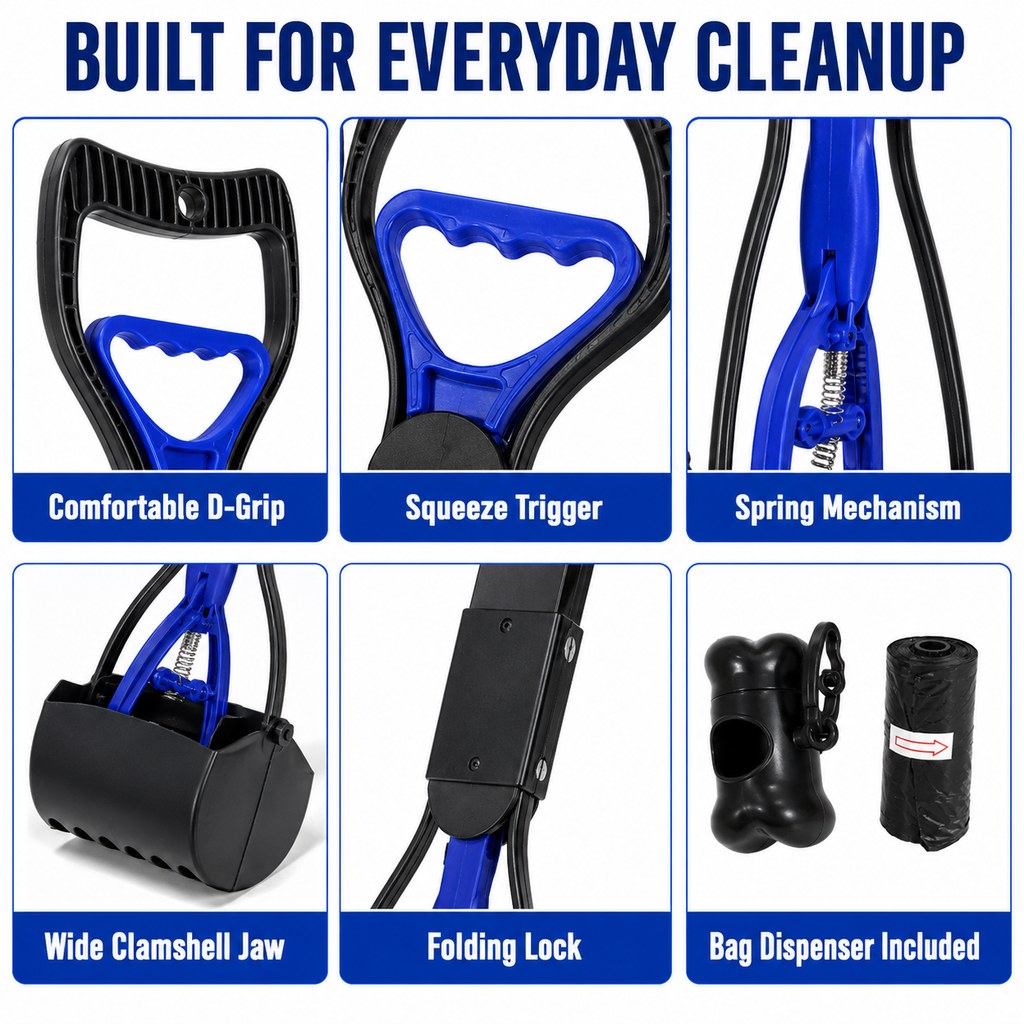 Ortekor Foldable Long-Handle Dog Pooper Scooper for Yard & Walks - One-Hand Bag-Lined Pickup
