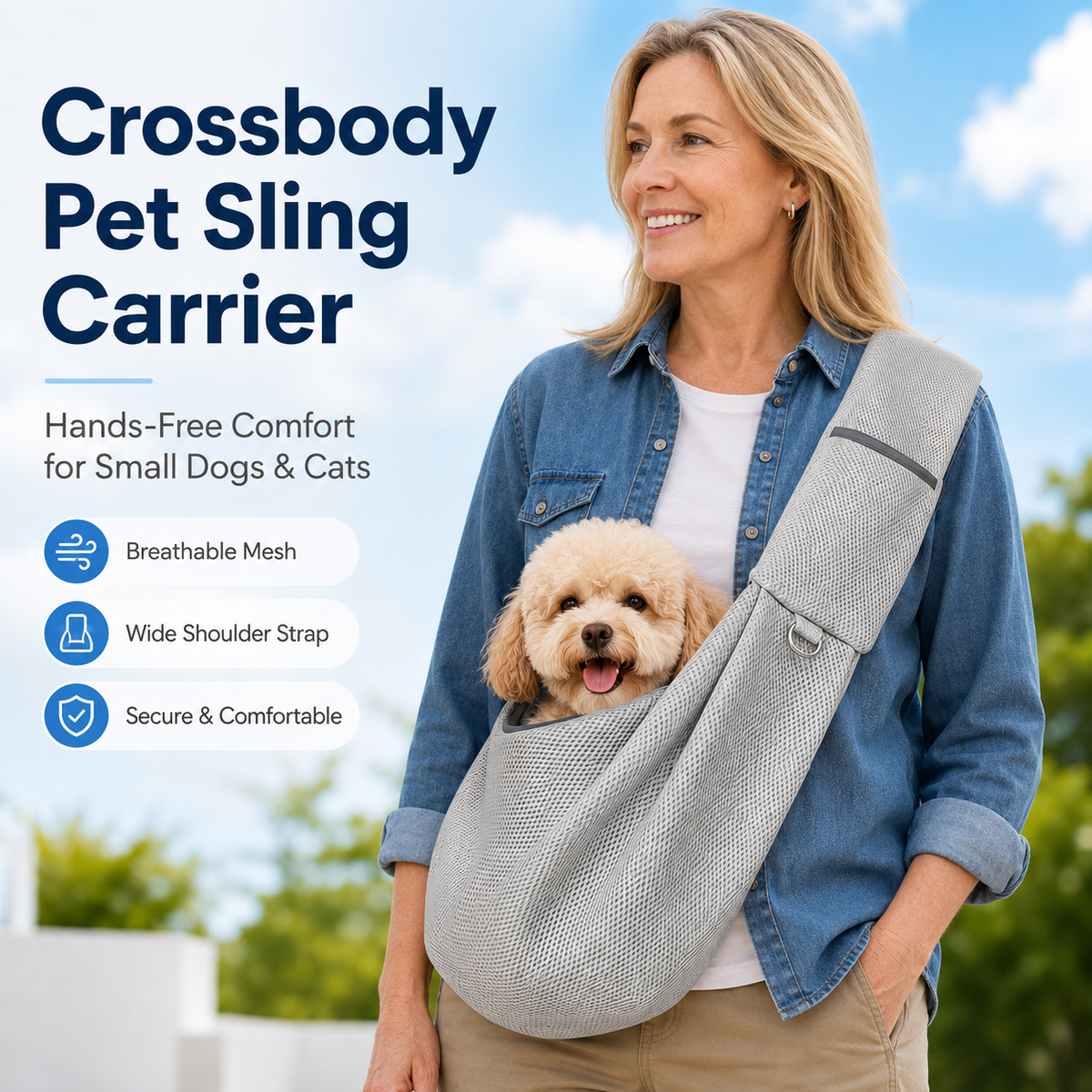 Ortekor Crossbody Pet Sling Carrier for Small Dogs & Cats - Breathable Hands-Free Travel Bag for Walks, Errands & Vet Visits