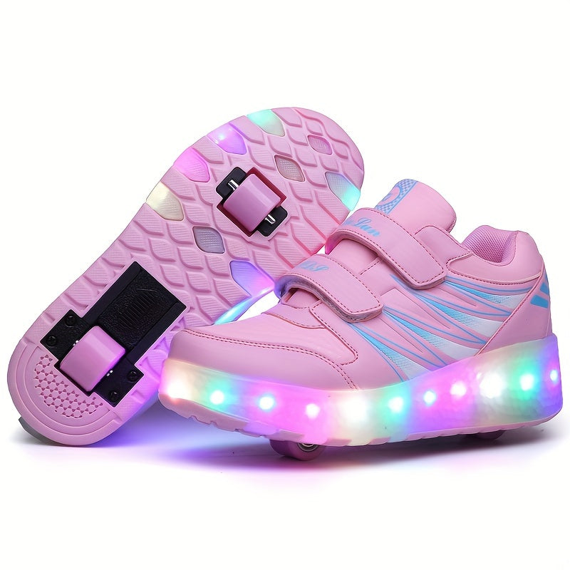 Kids Light-Up Wheeled Shoes with Removable Rollers LED Sneakers Hook-and-Loop Strap Pink Faux Leather for Boys Girls Active Play