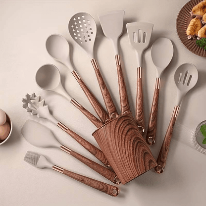 Cooking Utensil Set 10-Piece Heat Resistant Silicone Tools Non-Stick Safe Ergonomic Wood Grain Handles for Baking Serving Everyday Kitchen U