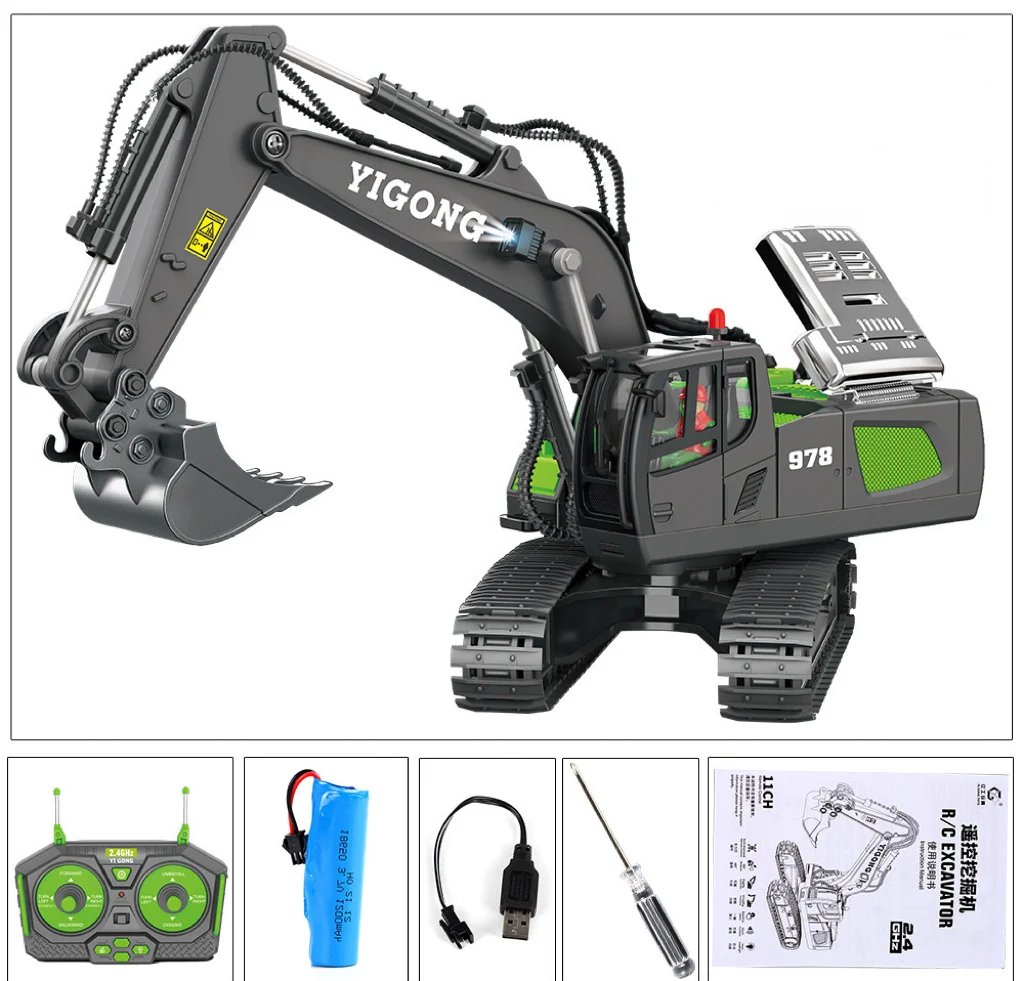 Remote Control Excavator Toy 1:20 Scale with Hydraulic System | 18-Channel Radio Control | Metal Construction Parts | Rechargeable Battery