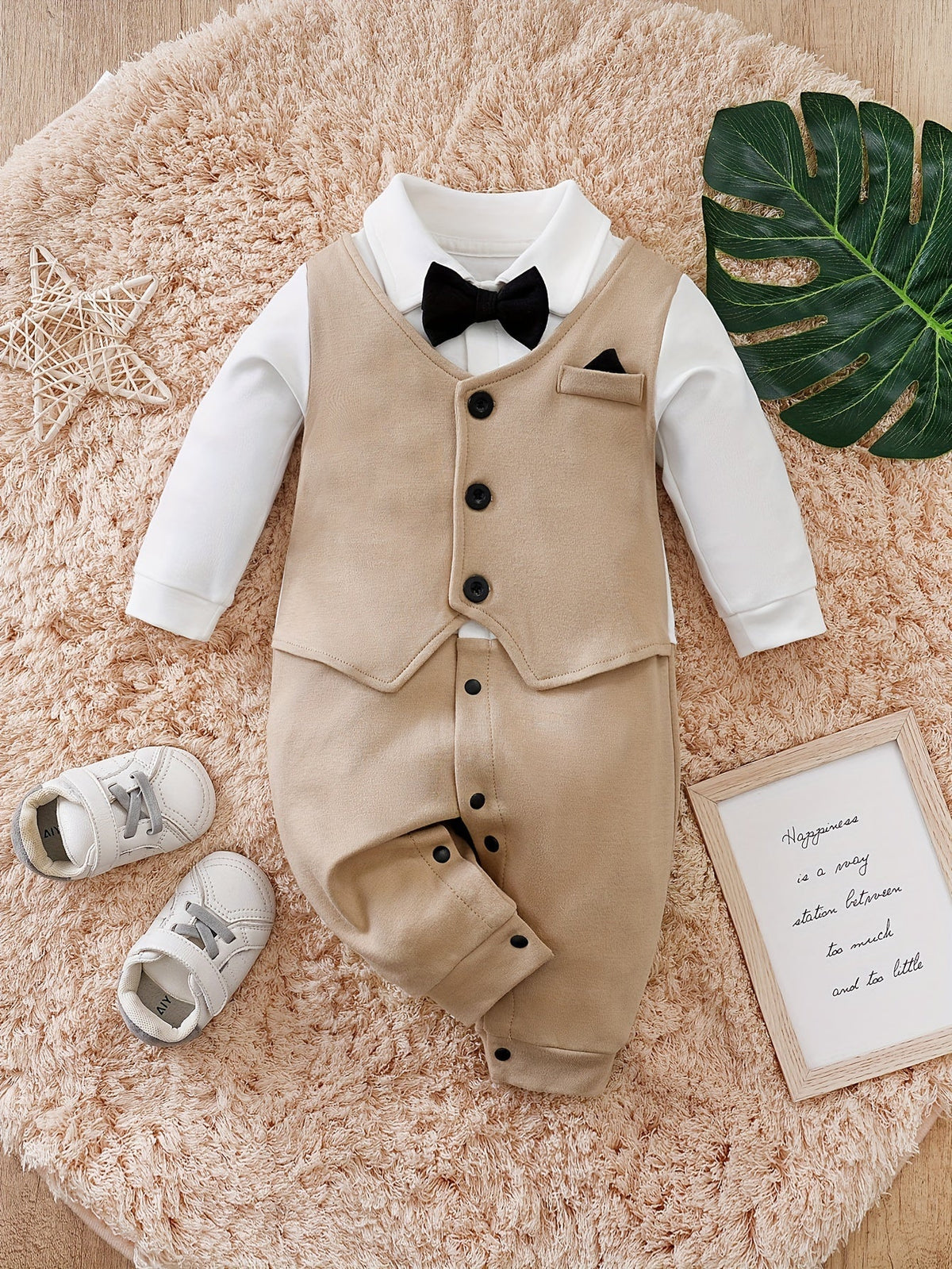 Barboteuse habillée pour bébé garçon avec nœud papillon | Tenue une-pièce style smoking élégant pour nourrissons et tout-petits | Costume de gentleman en coton pour mariages