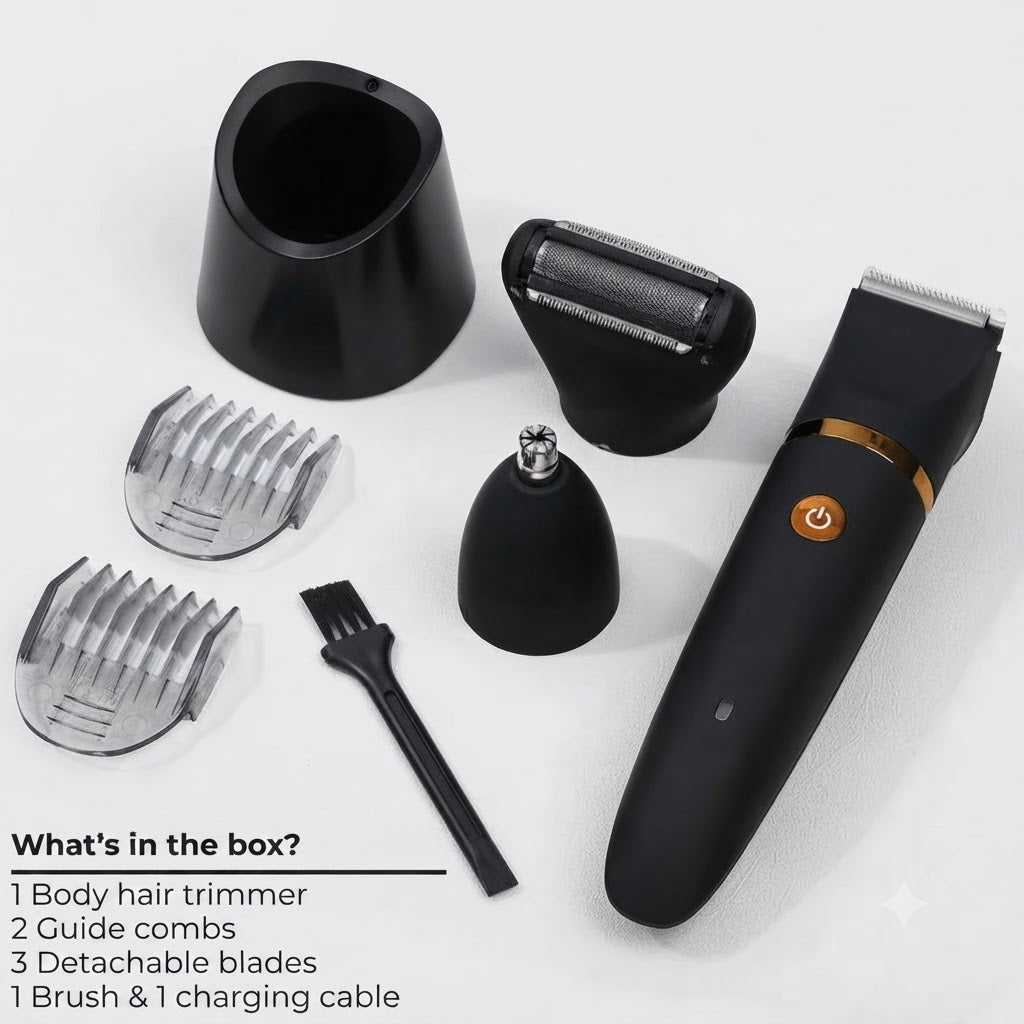 All-in-One Electric Body Groomer for Men – Cordless Full Body Hair Trimmer with Waterproof Design & Multiple Attachments for Face, Body &