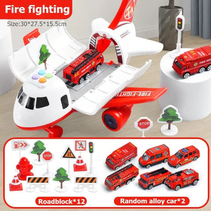 Giant Push-Powered Cargo Airplane Playset with Emergency Vehicles & Traffic Signs for Ages 3-12