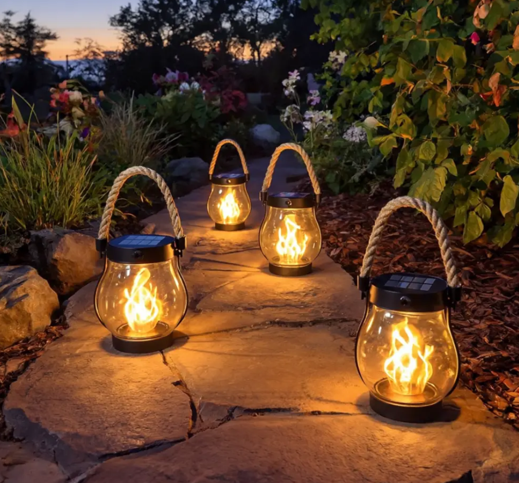 Rechargeable Portable Lantern with Hemp Handle for Patio, Camping & Indoor Ambience — Smart Auto-On Sensor, Type-C USB Charging, Compact 4.7