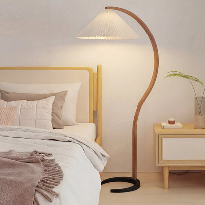 Arched Floor Lamp Sculptural Beechwood with Pleated Linen Shade Warm White LED Modern Scandinavian Living Room Bedroom Reading Light