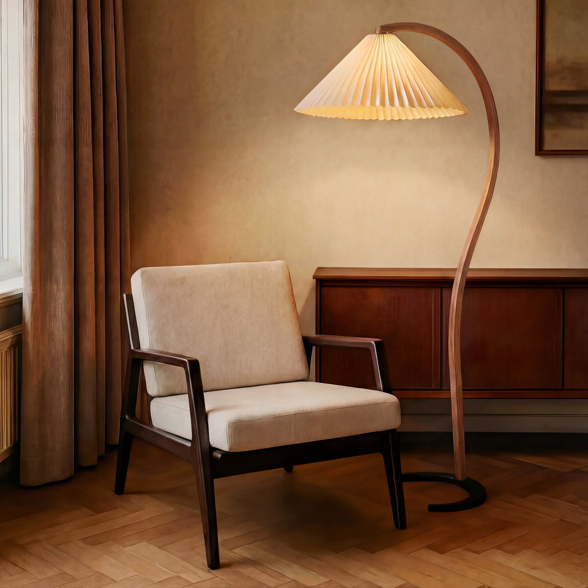 Arched Floor Lamp Sculptural Beechwood with Pleated Linen Shade Warm White LED Modern Scandinavian Living Room Bedroom Reading Light