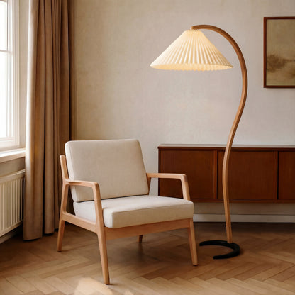 Arched Floor Lamp Sculptural Beechwood with Pleated Linen Shade Warm White LED Modern Scandinavian Living Room Bedroom Reading Light