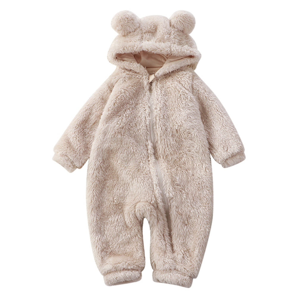 Hooded Fleece Jumpsuit for Infants & Toddlers with Animal Ears | Zip-Front Bodysuit for Boys & Girls | Winter Sleepwear 0-36 Months