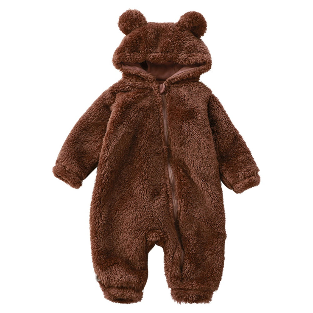 Hooded Fleece Jumpsuit for Infants & Toddlers with Animal Ears | Zip-Front Bodysuit for Boys & Girls | Winter Sleepwear 0-36 Months