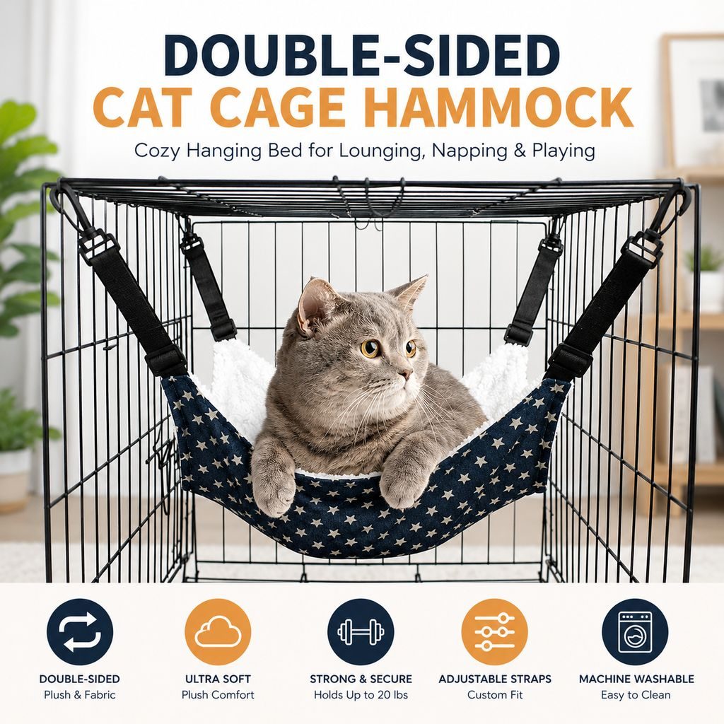 Ortekor Reversible Cat Cage Hammock with Adjustable Straps - Space-Saving Hanging Bed for Wire Crates