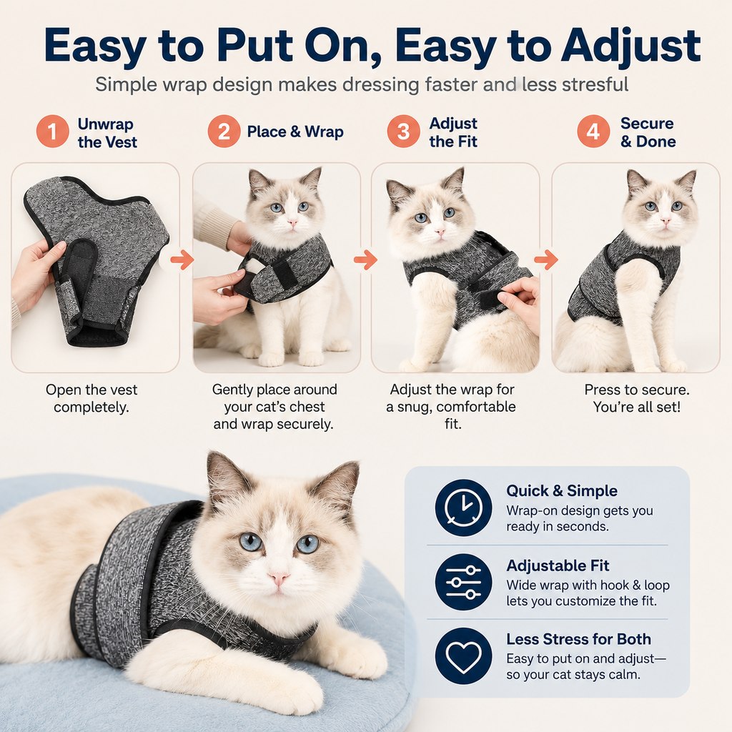 Ortekor Cat Calming Vest for Thunderstorms, Travel & Quiet Time - Soft Adjustable Comfort Wrap for Nervous Cats