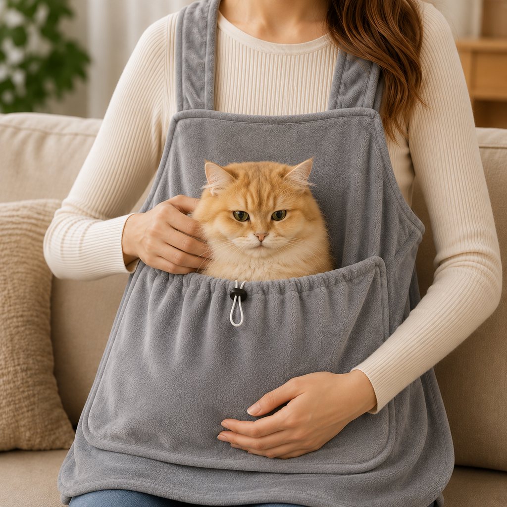 Ortekor Cat Grooming & Cuddle Apron – Wearable Plush Cat Pouch with 4-Paw Access for Easier Nail Trimming, Paw Care & At-Home Cuddling