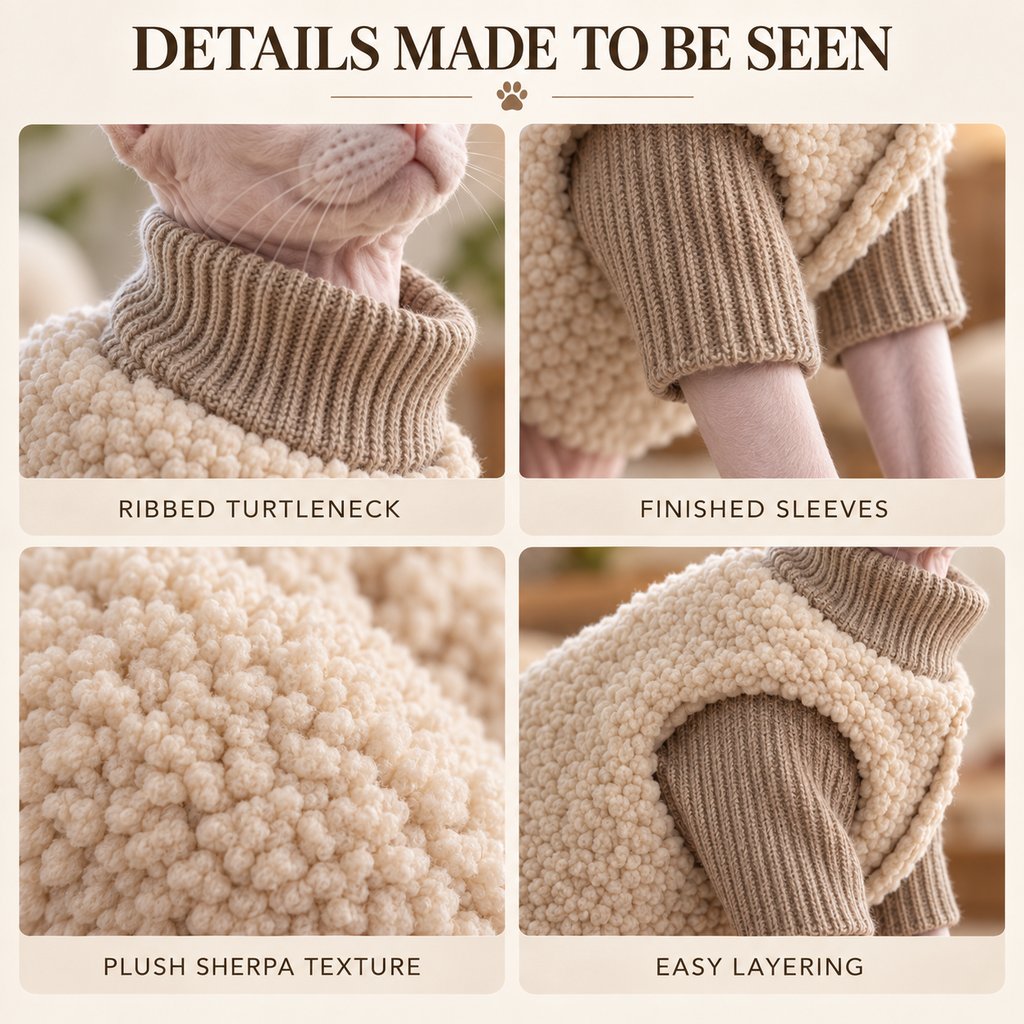 Ortekor Cozy Cat Turtleneck Sweater & Sherpa Vest Set - Cool-Weather Indoor Layers for Hairless & Short-Haired Cats
