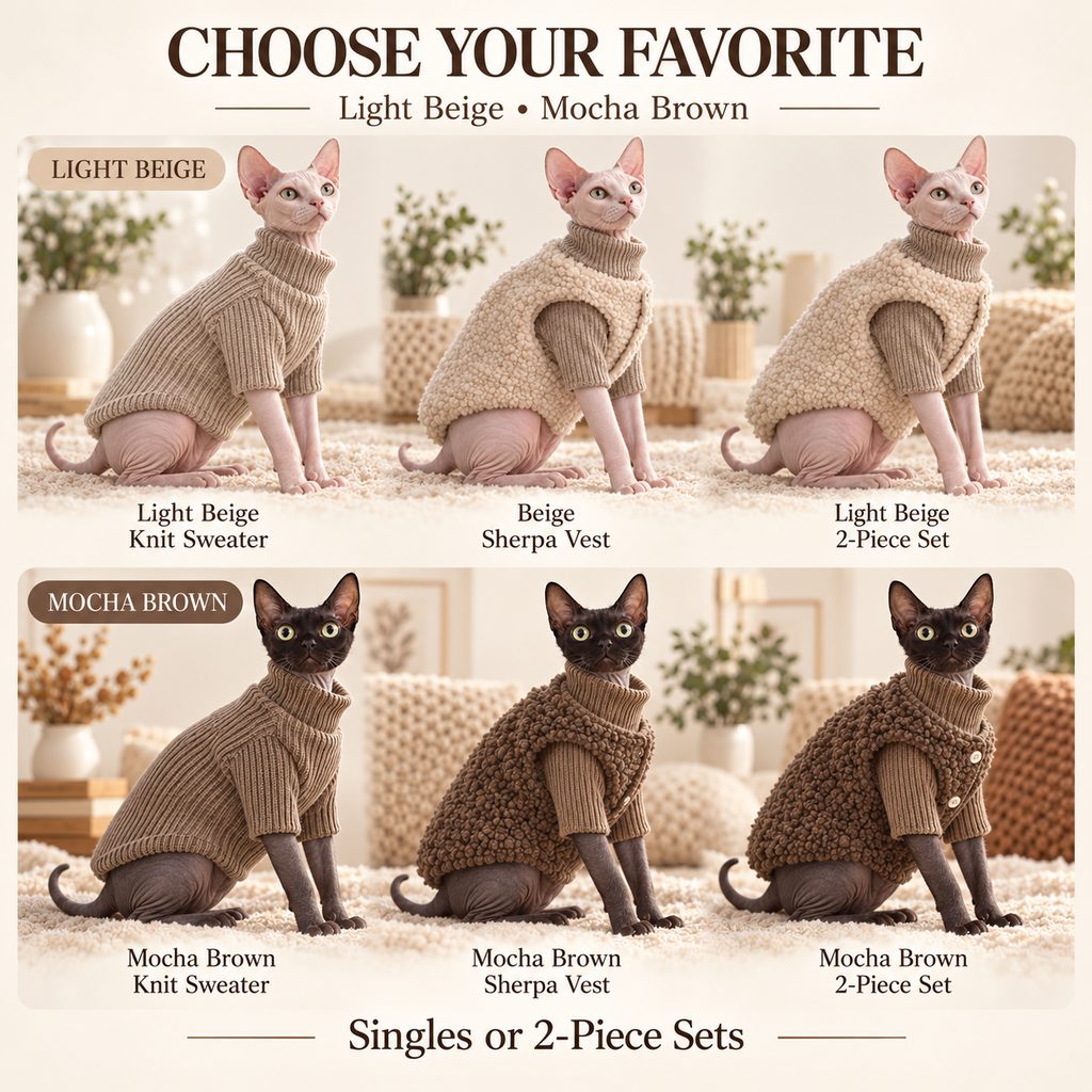 Ortekor Cozy Cat Turtleneck Sweater & Sherpa Vest Set - Cool-Weather Indoor Layers for Hairless & Short-Haired Cats