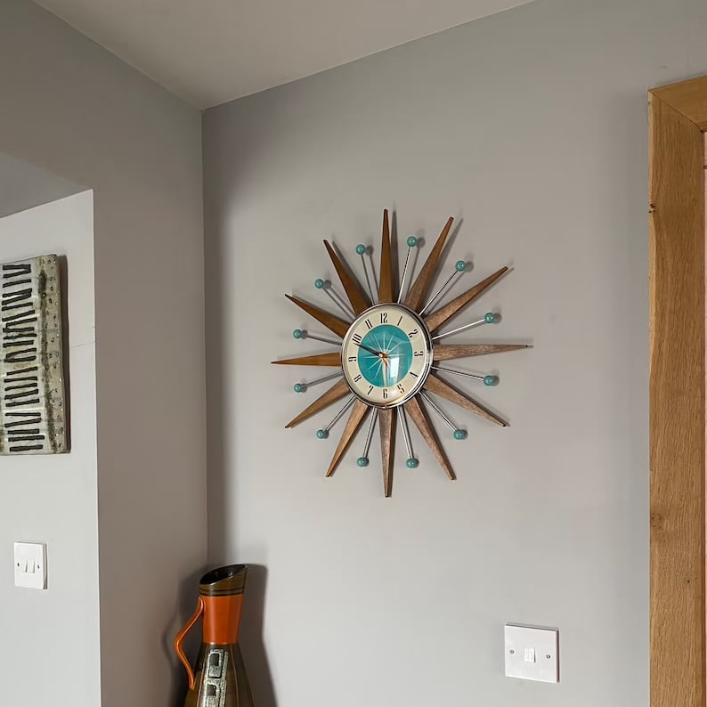 Handcrafted Sunburst Wall Clock Mid-Century Modern Design 16 Inch Silent Battery Operated Decorative Timepiece for Living Room Bedroom