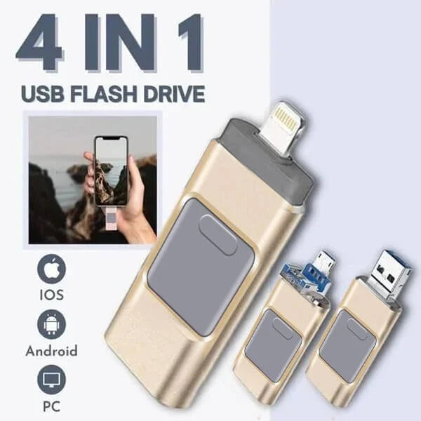 Clé USB multi-appareil à 4 types de connecteurs – USB-A, USB-C, Micro-USB et port Lightning pour le transfert de fichiers entre iPhone, Android et ordinateur
