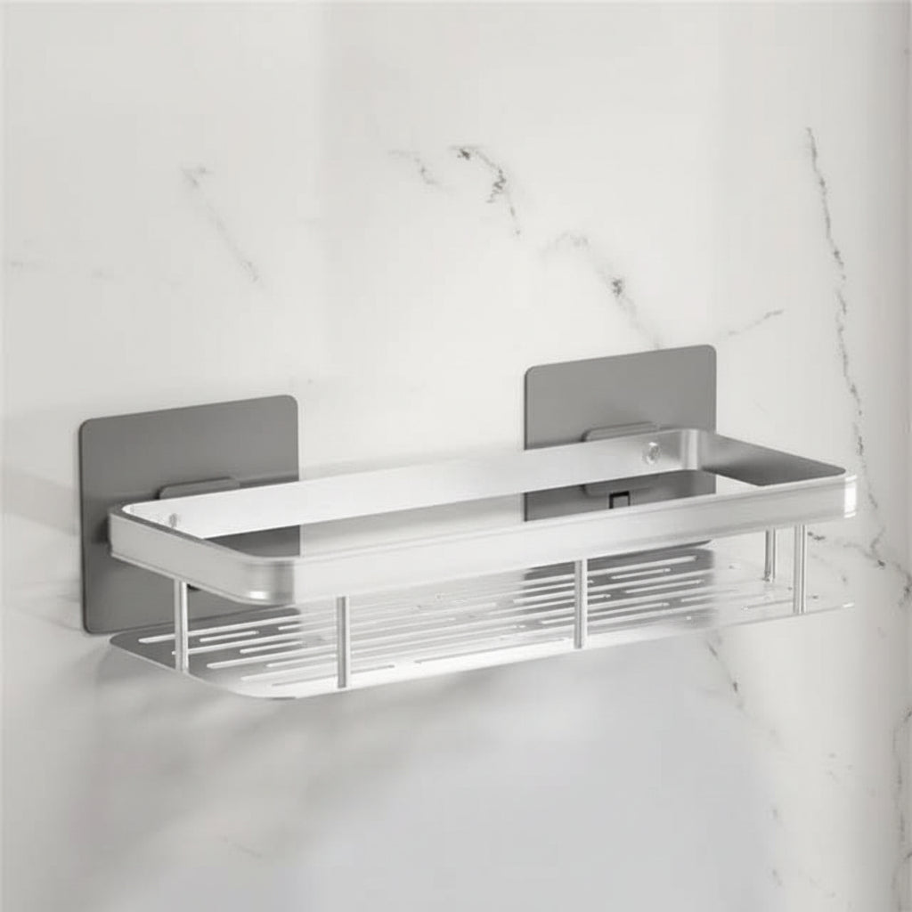 Organisateur de douche d'angle adhésif à montage mural – Étagère de rangement étanche sans perçage pour salle de bain, toilettes et lavabo – ABS et acier en noir ou argent