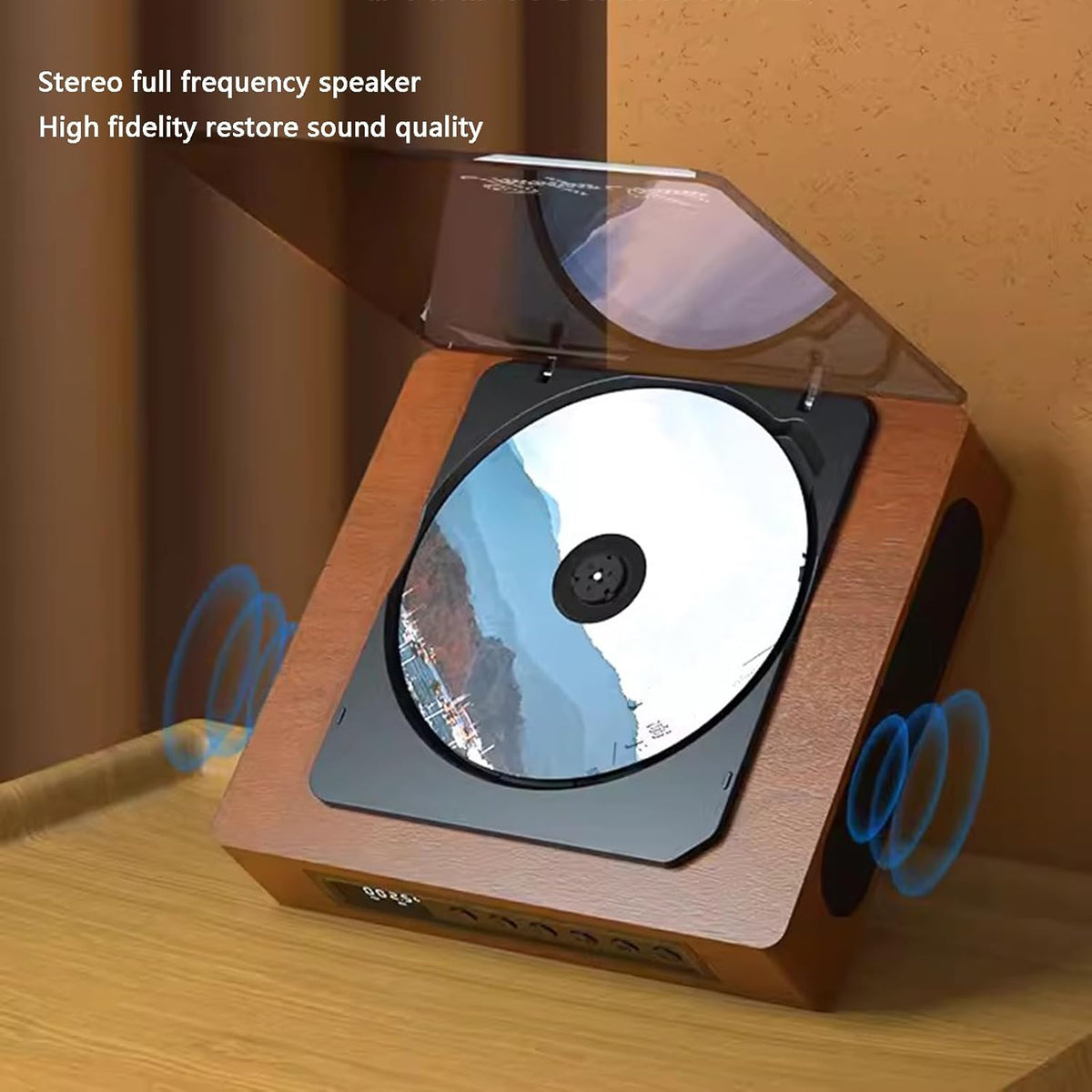Tabletop Disc Player with Wireless Audio Streaming FM Tuner LCD Screen USB-C Charging Wood-Look Finish for Living Room Bedroom Office Deskto