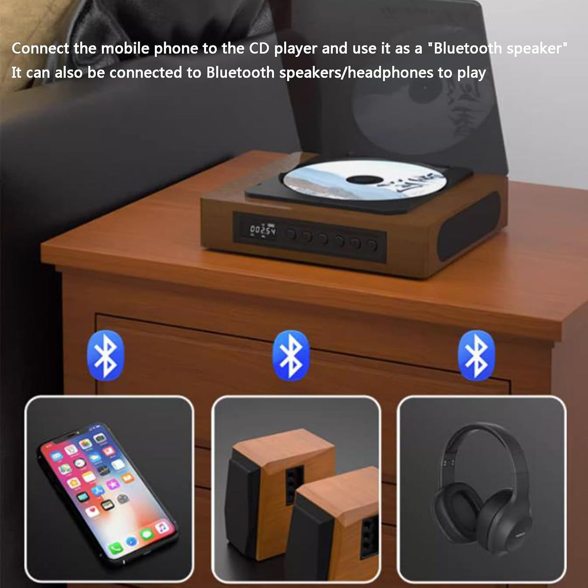 Tabletop Disc Player with Wireless Audio Streaming FM Tuner LCD Screen USB-C Charging Wood-Look Finish for Living Room Bedroom Office Deskto