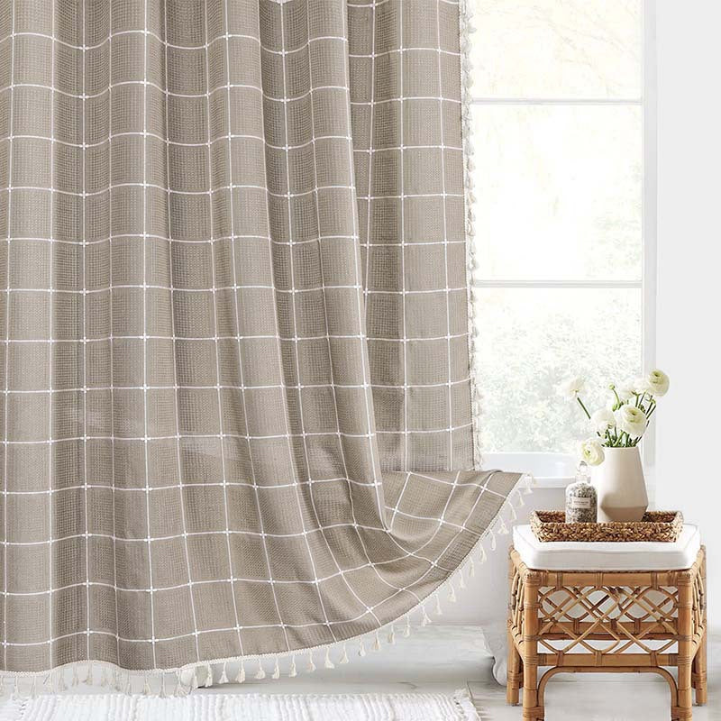 Waterproof Bath Curtain with Tassel Trim 71 x 79 Inches Gray Woven Linen Privacy Screen for Bohemian Bathrooms Country Style Decor Machine W