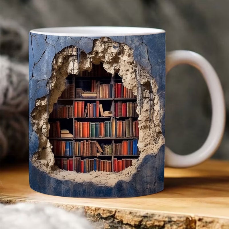 3D Bookshelf Ceramic Coffee Mug 12 oz Hand-Painted Book Lover Gift for Kitchen Office Library