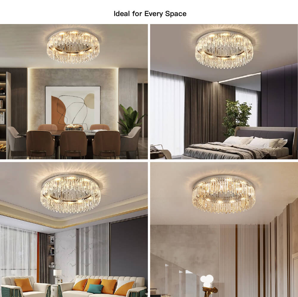 Flush Mount LED Chandelier with Crystal Accents – Chrome Stainless Steel Round Fixture for Bedroom, Dining Room, Kitchen & Hotel – Dimmable