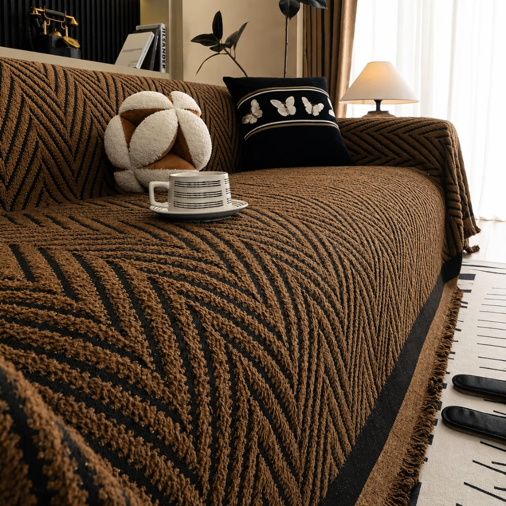Textured Throw Blanket with Fringe Trim for Sofa | Modern Chevron Weave Furniture Protector & Decorative Accent