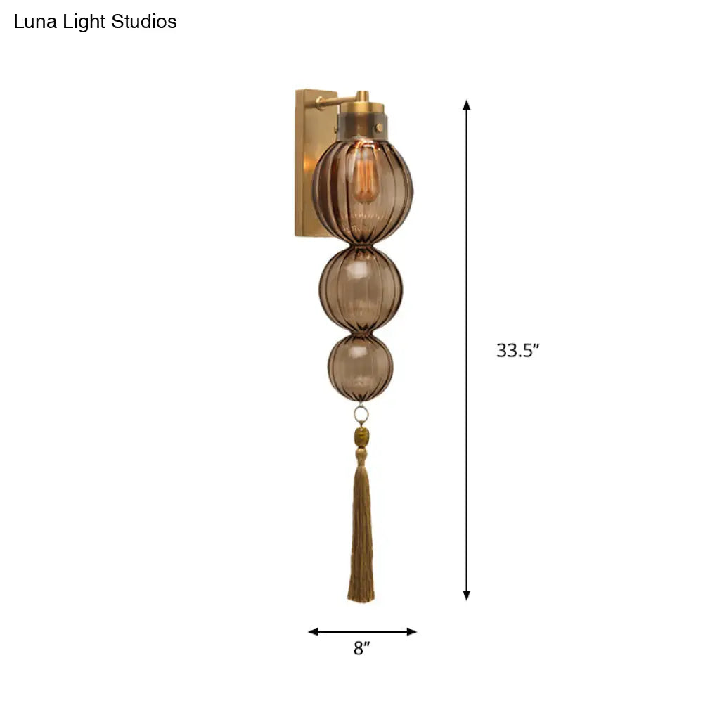 Round Glass Wall Sconce with Decorative Tassel | Asian-Inspired Globe Fixture | Chrome or Brass Finish for Living Room, Hallway, Bedroom