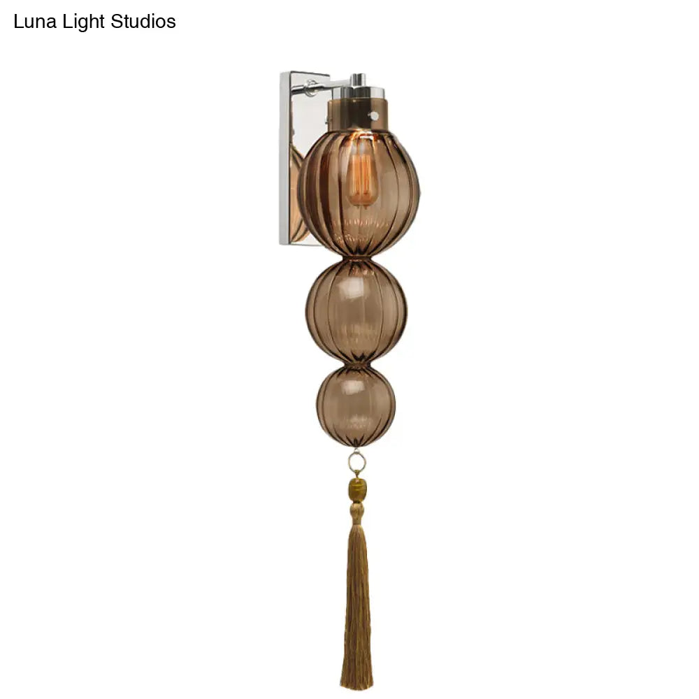 Round Glass Wall Sconce with Decorative Tassel | Asian-Inspired Globe Fixture | Chrome or Brass Finish for Living Room, Hallway, Bedroom