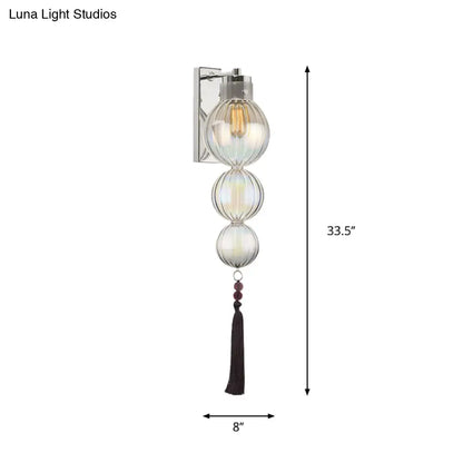 Round Glass Wall Sconce with Decorative Tassel | Asian-Inspired Globe Fixture | Chrome or Brass Finish for Living Room, Hallway, Bedroom