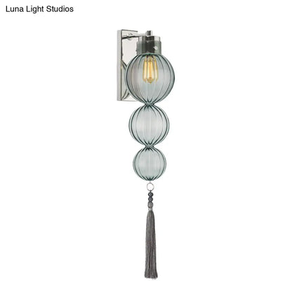 Round Glass Wall Sconce with Decorative Tassel | Asian-Inspired Globe Fixture | Chrome or Brass Finish for Living Room, Hallway, Bedroom