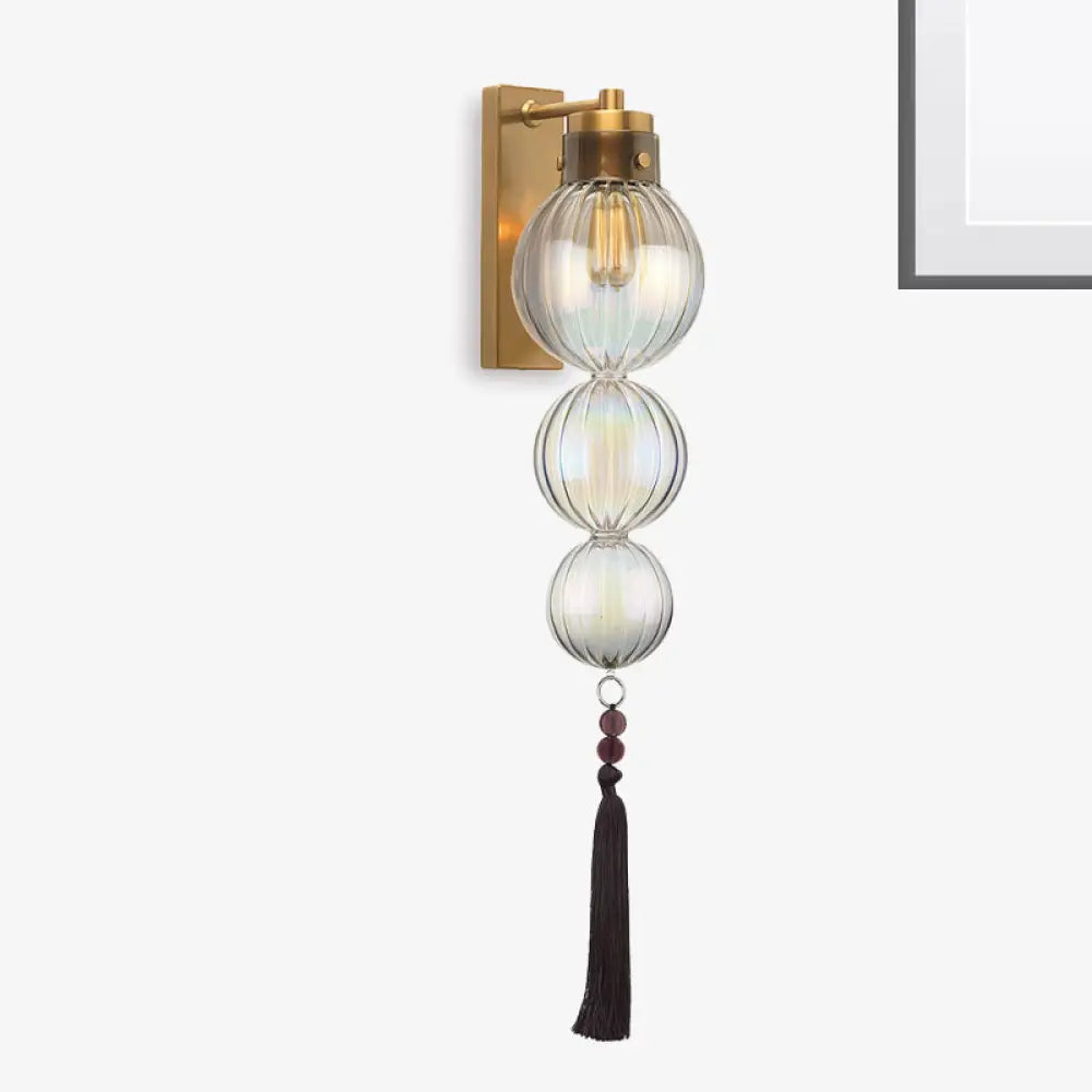Round Glass Wall Sconce with Decorative Tassel | Asian-Inspired Globe Fixture | Chrome or Brass Finish for Living Room, Hallway, Bedroom