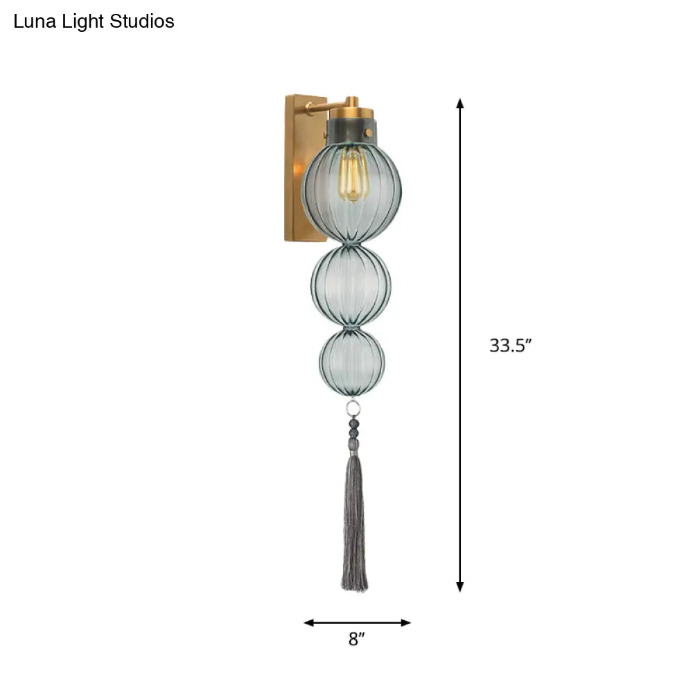 Round Glass Wall Sconce with Decorative Tassel | Asian-Inspired Globe Fixture | Chrome or Brass Finish for Living Room, Hallway, Bedroom