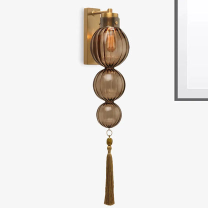 Round Glass Wall Sconce with Decorative Tassel | Asian-Inspired Globe Fixture | Chrome or Brass Finish for Living Room, Hallway, Bedroom