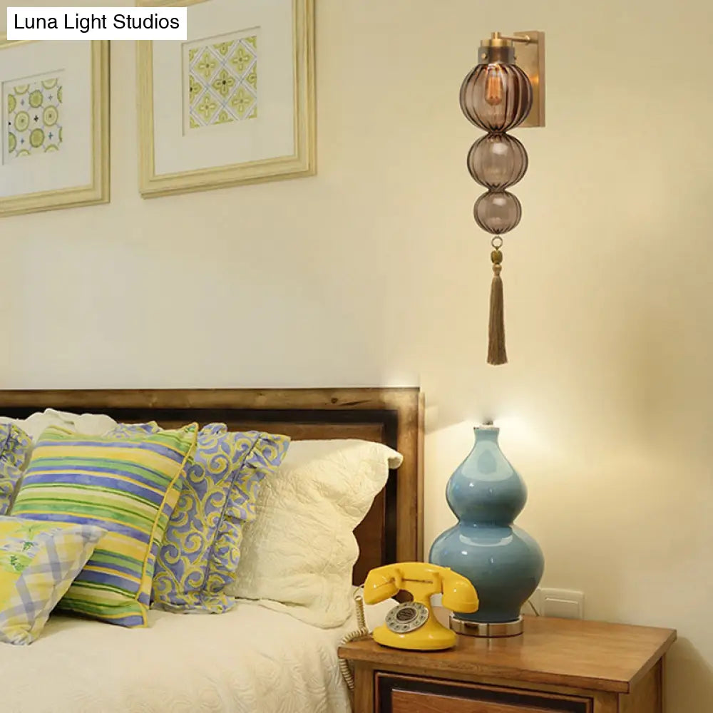 Round Glass Wall Sconce with Decorative Tassel | Asian-Inspired Globe Fixture | Chrome or Brass Finish for Living Room, Hallway, Bedroom
