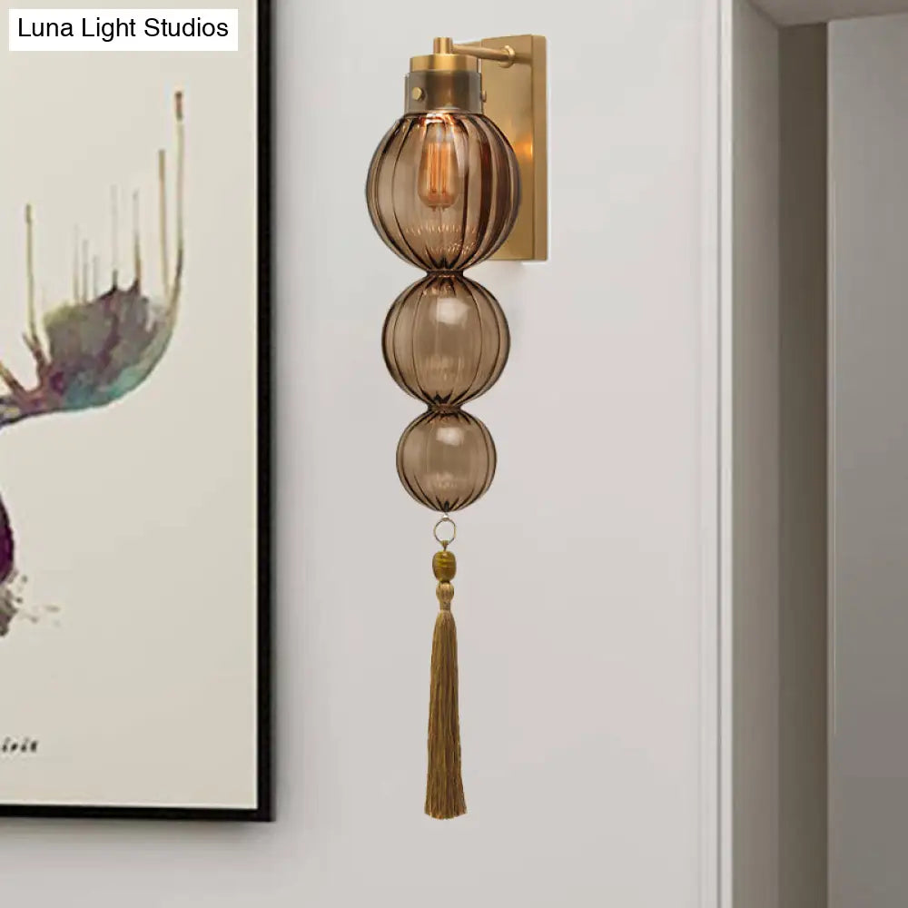 Round Glass Wall Sconce with Decorative Tassel | Asian-Inspired Globe Fixture | Chrome or Brass Finish for Living Room, Hallway, Bedroom
