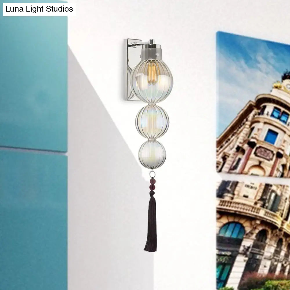 Round Glass Wall Sconce with Decorative Tassel | Asian-Inspired Globe Fixture | Chrome or Brass Finish for Living Room, Hallway, Bedroom