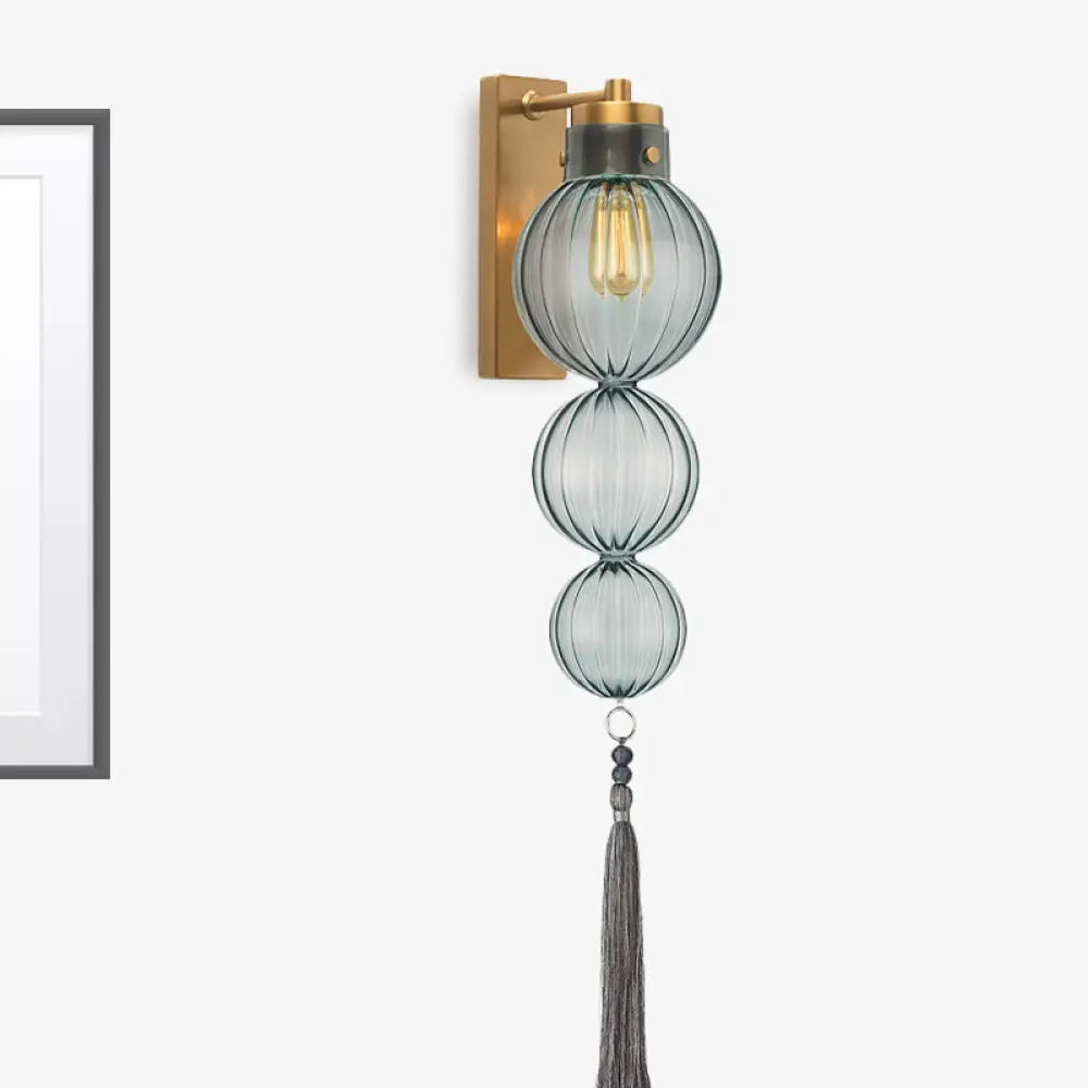 Round Glass Wall Sconce with Decorative Tassel | Asian-Inspired Globe Fixture | Chrome or Brass Finish for Living Room, Hallway, Bedroom